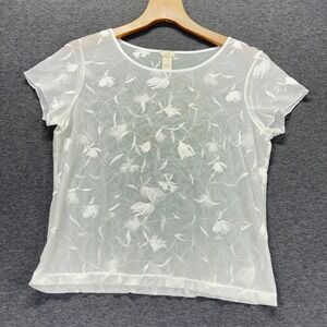 J.Jill‎ Sheer Embroidered Top Womens L Petite Short Sleeve Floral Mesh White